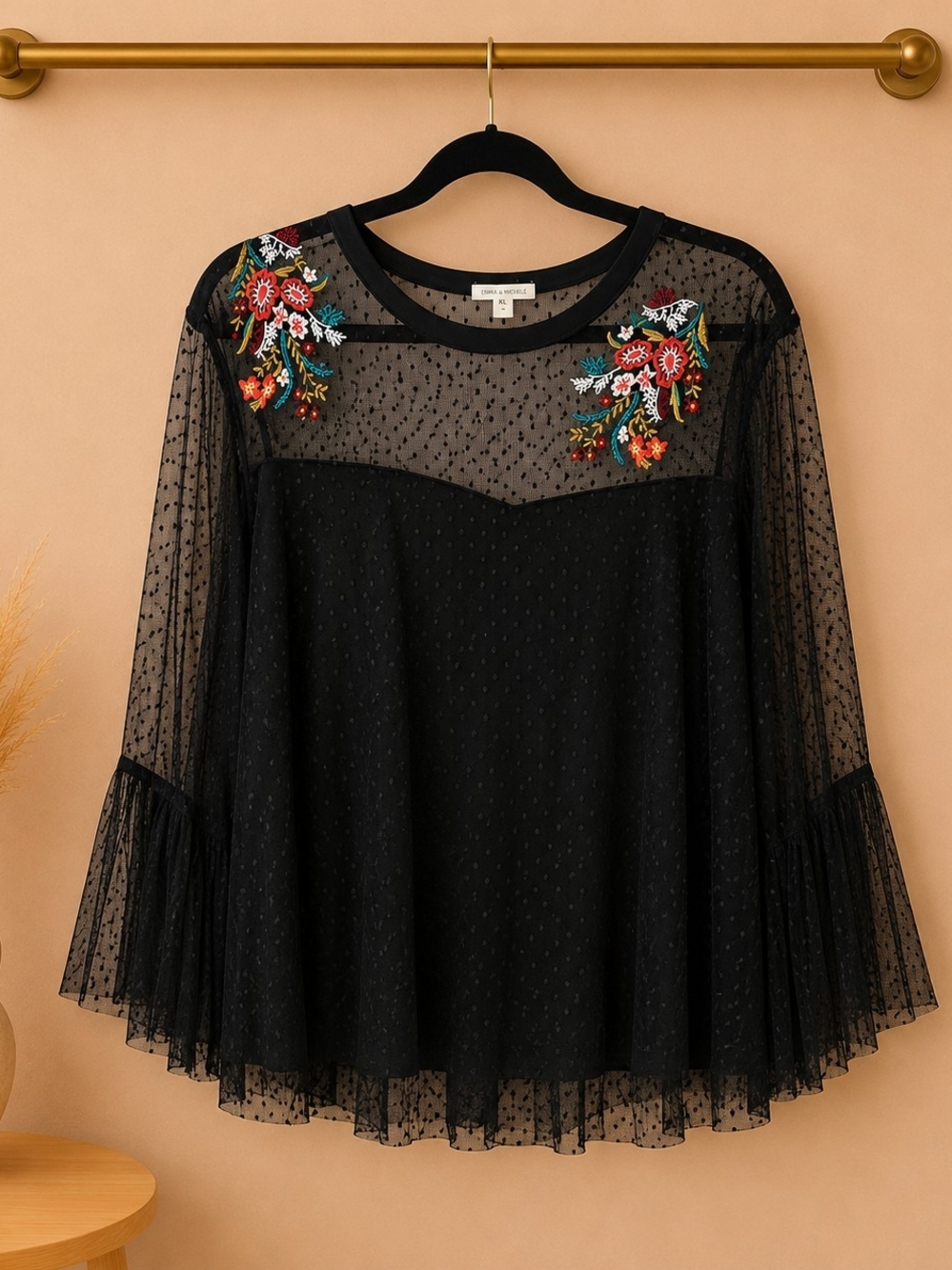 Maurices Black Sheer Embroidered Floral Bell-Sleeve Blouse - Picture 1 of 2